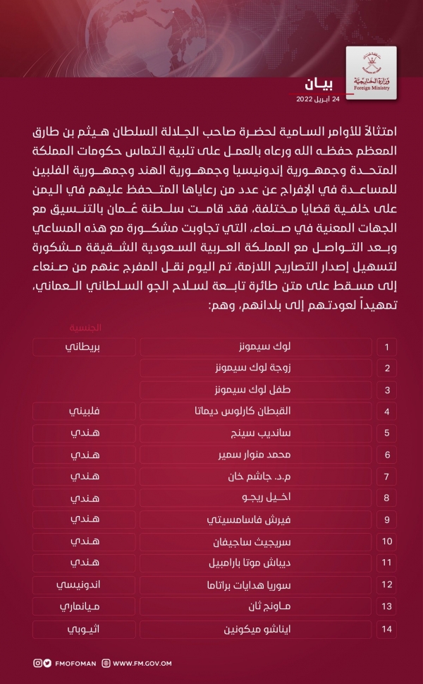 عمان تسهل الإفراج عن 14 أجنبياً كانوا محتجزين لدى الحوثيين