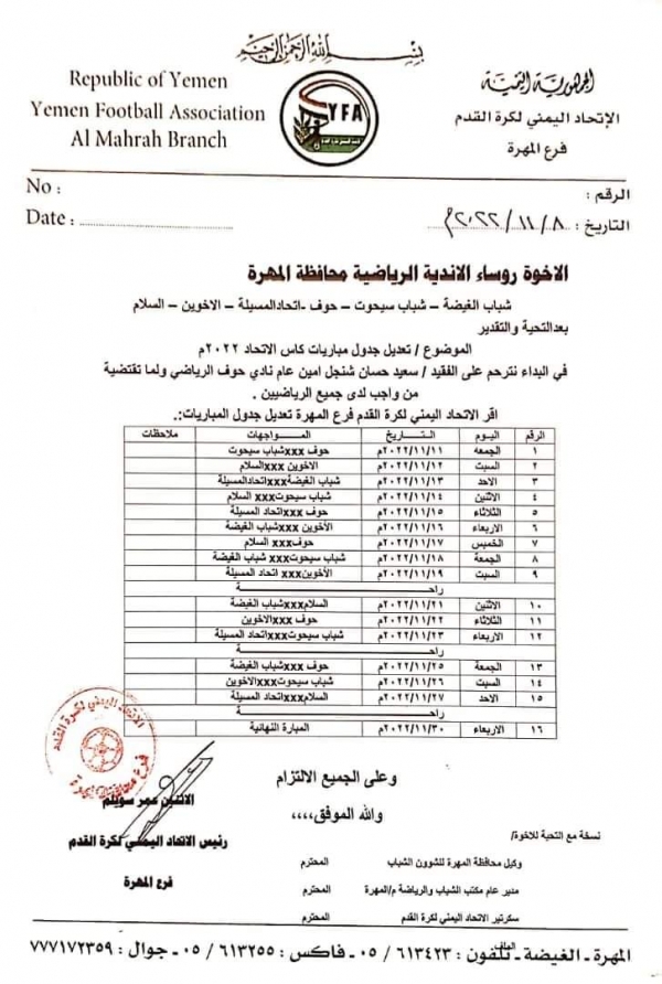 المهرة.. بطولة كأس الاتحاد لكرة القدم تنطلق مساء اليوم