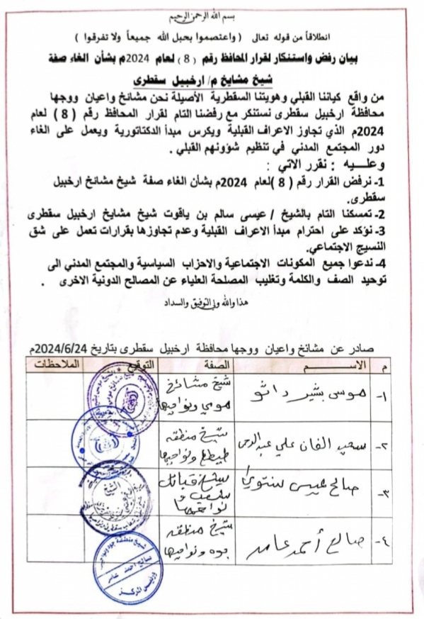 مشائخ سقطرى يعلنون رفضهم قرار المحافظ الثقلي بإلغاء صفة "شيخ مشائخ سقطرى"