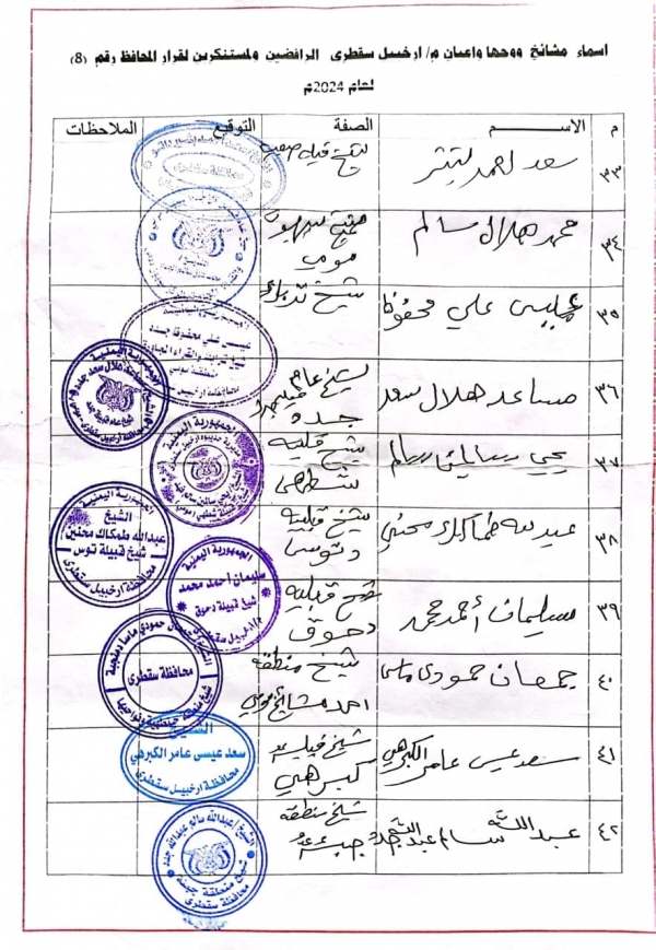 مشائخ سقطرى يعلنون رفضهم قرار المحافظ الثقلي بإلغاء صفة "شيخ مشائخ سقطرى"